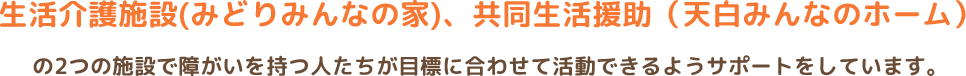 生活介護施設(みどりみんなの家)、共同生活援助（天白みんなのホーム）の2つの施設で障がいを持つ人たちが目標に合わせて活動できるようサポートをしています。